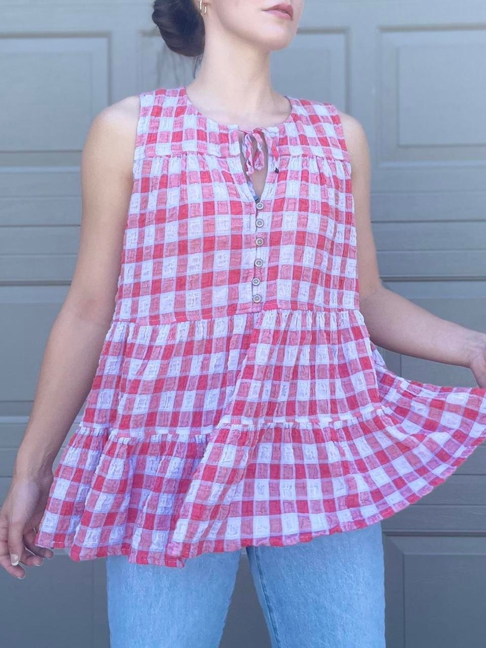 Pilcro Red & White Gingham Tie-Neck Tiered Tunic